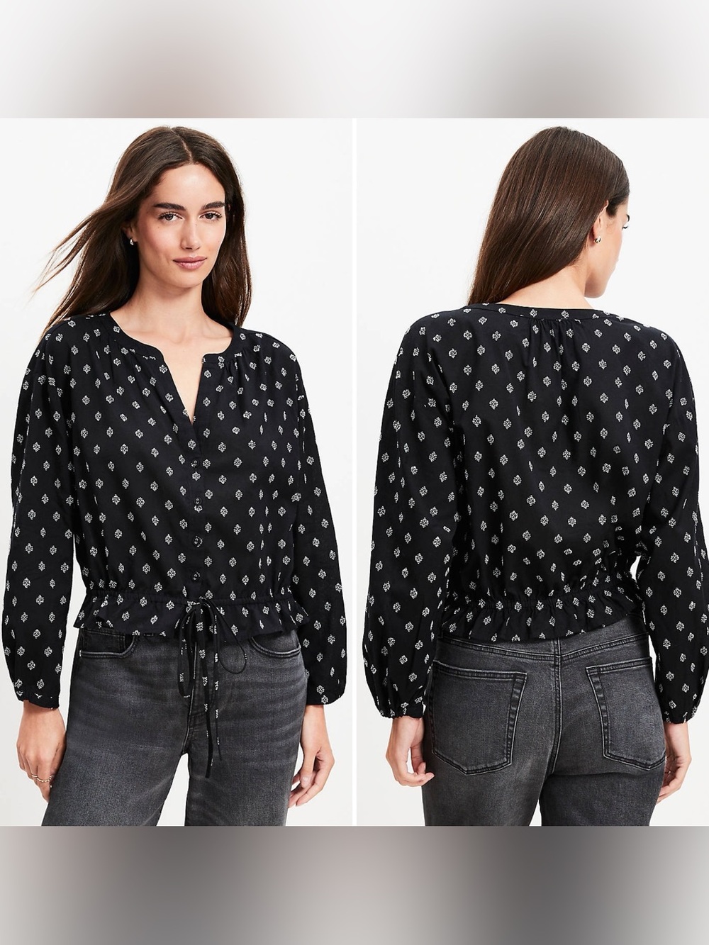LOFT Black & White Clip Modern Drawstring Gathered Waist Boho Blouse or Top Sz S
